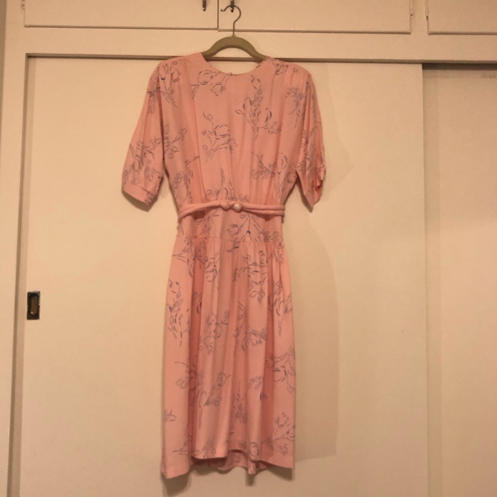 Vintage Tea Length Pink Dress with Blue Flowers